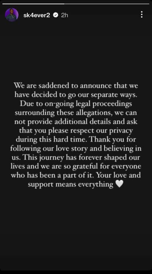 'Love Is Blind' Season 3 star Sikiru 'SK' Alagbada's Instagram story about split with Raven Ross (Instagram/@sk4ever2)