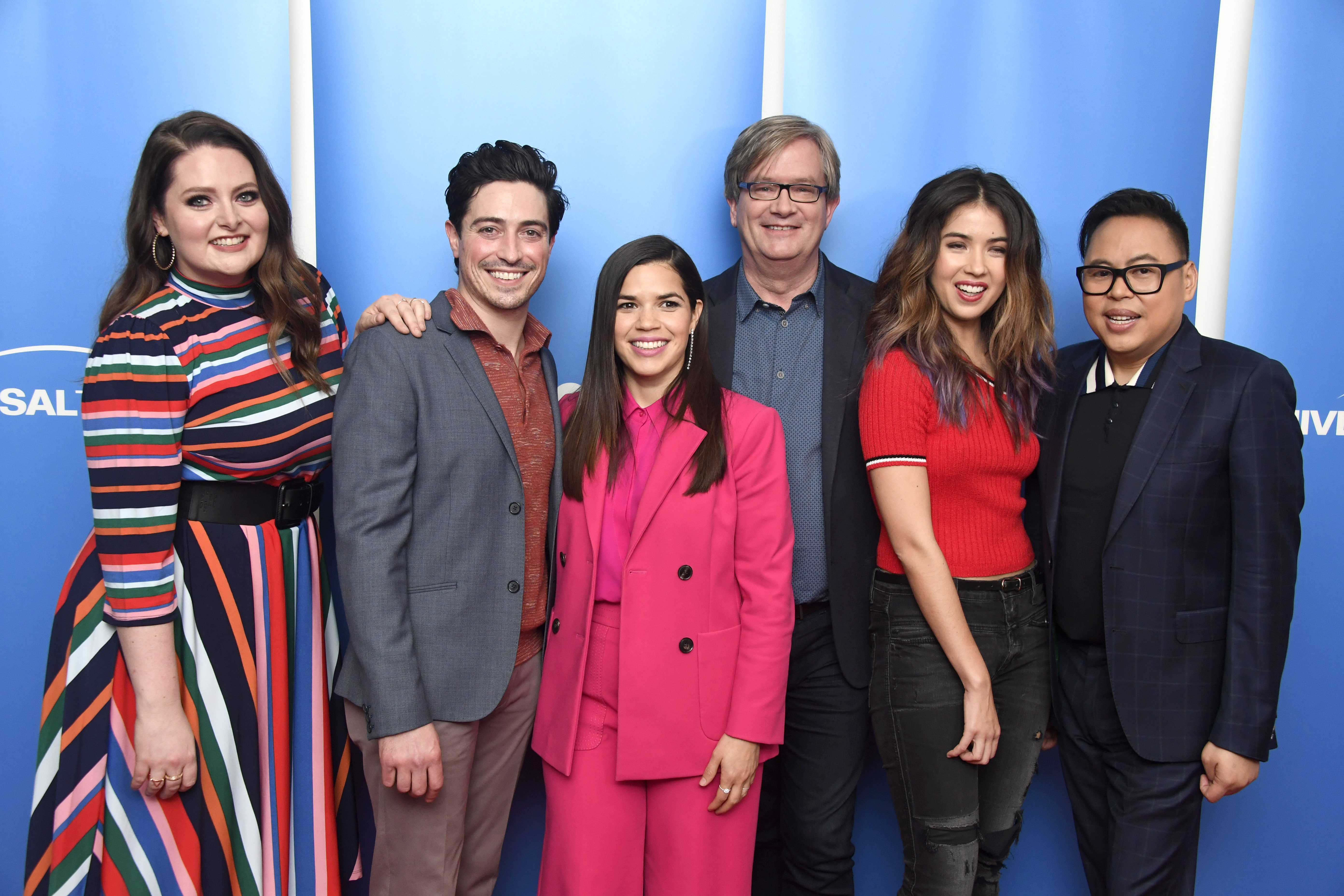 Lauren Ash, Ben Feldman, America Ferrera, Mark McKinney, Nicole Bloom, Nico Santos, attends NBC And Universal Television's 'Superstore' Academy For Your Consideration Press Line at Universal Studios Hollywood on March 05, 2019 in Universal City, California.