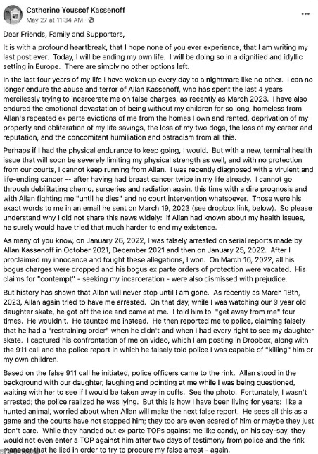 Catherine Kassenoff's now-deleted suicide note (Facebook)
