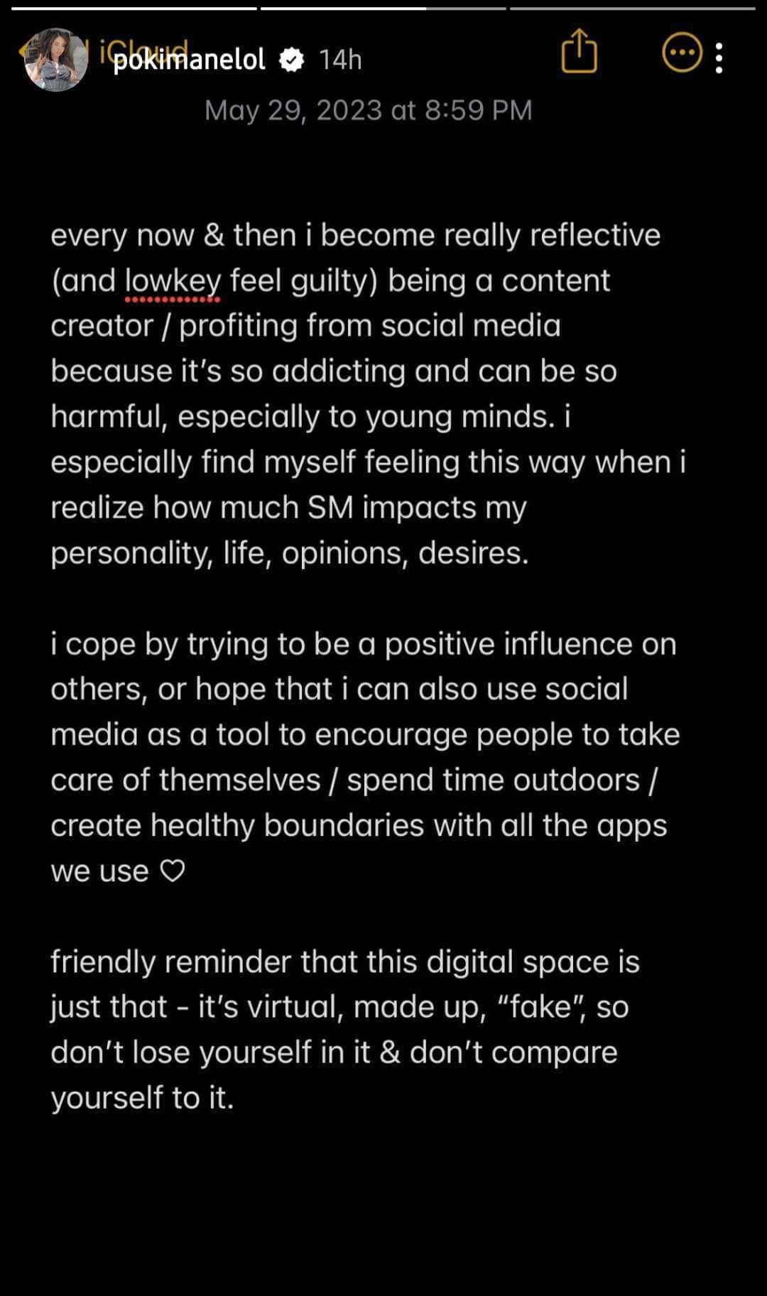 Pokimane shares a personal note with fans via Instagram story (pokimanelol/Instagram)