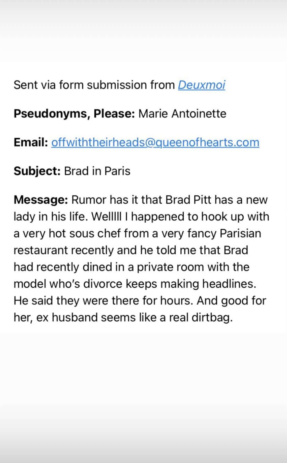Is Brad Pitt dating Emily Ratajkowski? (Screenshot from Deuxmoi/Reddit)