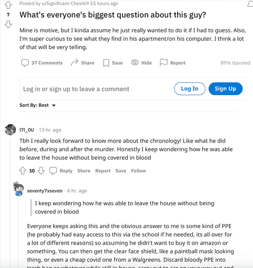Reddit users started a lengthy discussion based on their biggest questions about Idaho murder suspect Bryan Kohberger (Screenshot from Reddit)
