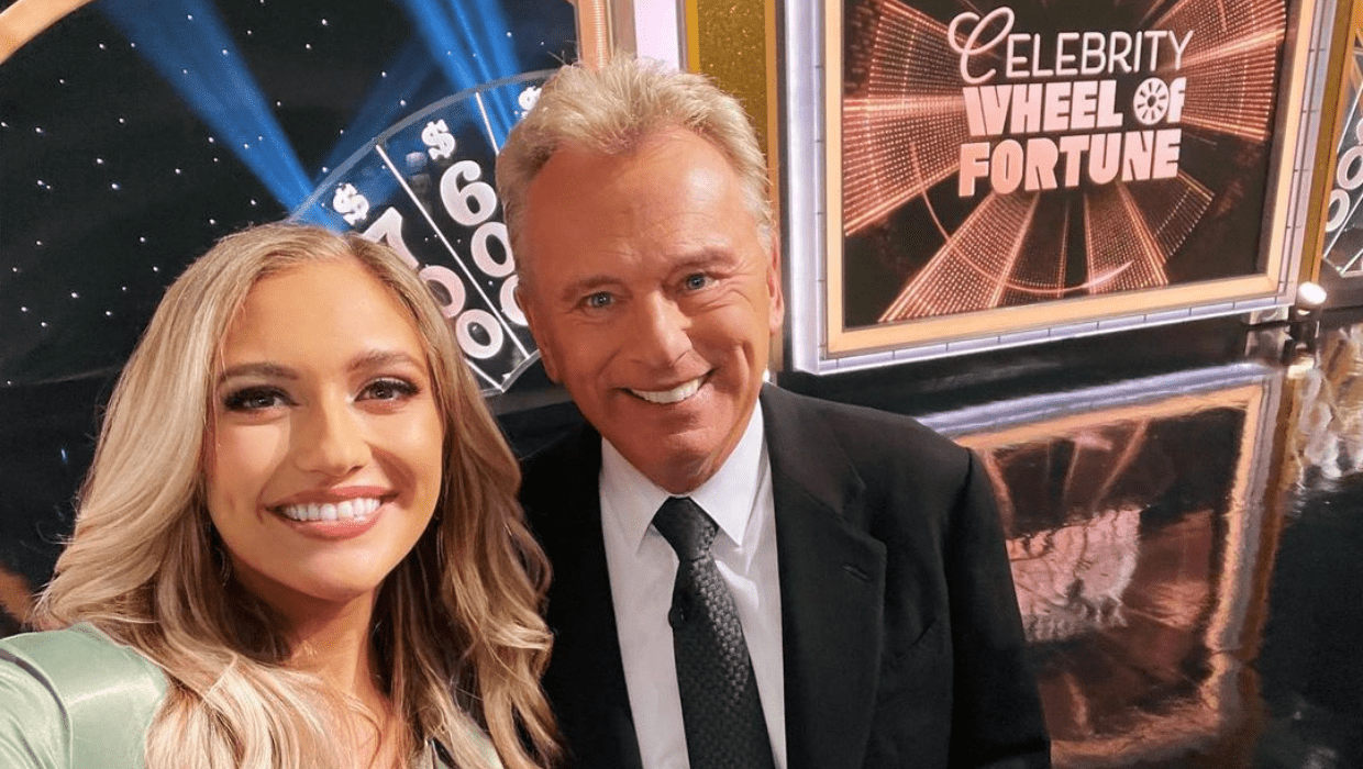 Maggie Sajak (L) with her father, Pat Sajak (R) at 'Celebrity Wheel of Fortune' shoot (@maggiesajak/Instagram)