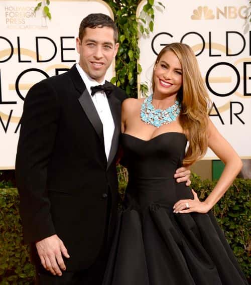 Nick Loeb (L) and actress Sofia Vergara attend the 71st Annual Golden Globe Awards held at The Beverly Hilton Hotel on January 12, 2014 in Beverly Hills, California.