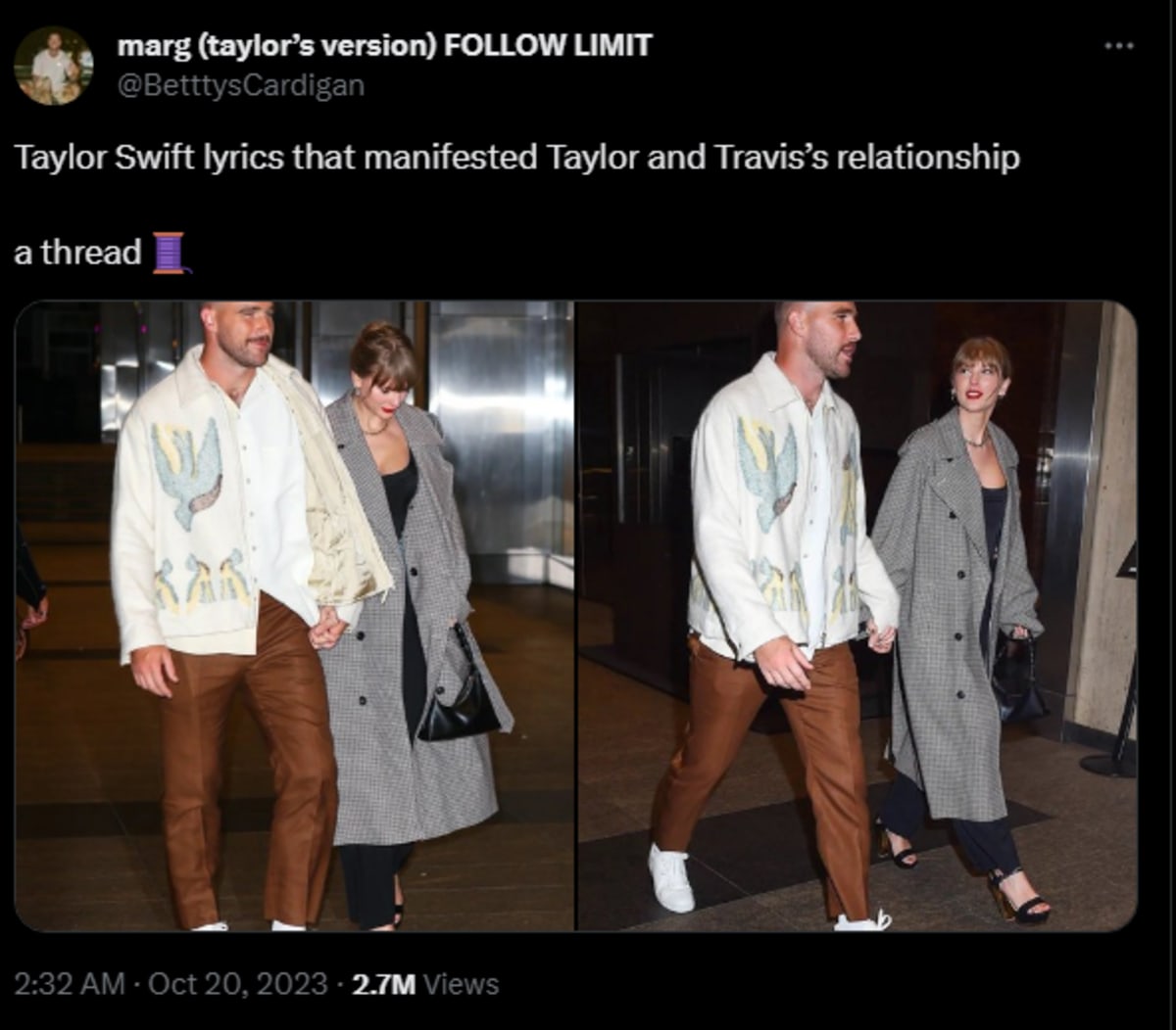 The 'Swiftie' thread about Taylor Swift and Travis Kelce went viral on X (@BetttysCardigan/X)