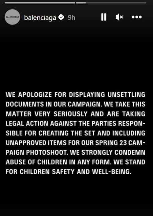 Global fashion brand Balenciaga's apology on Instagram (Instagram/@balenciaga)