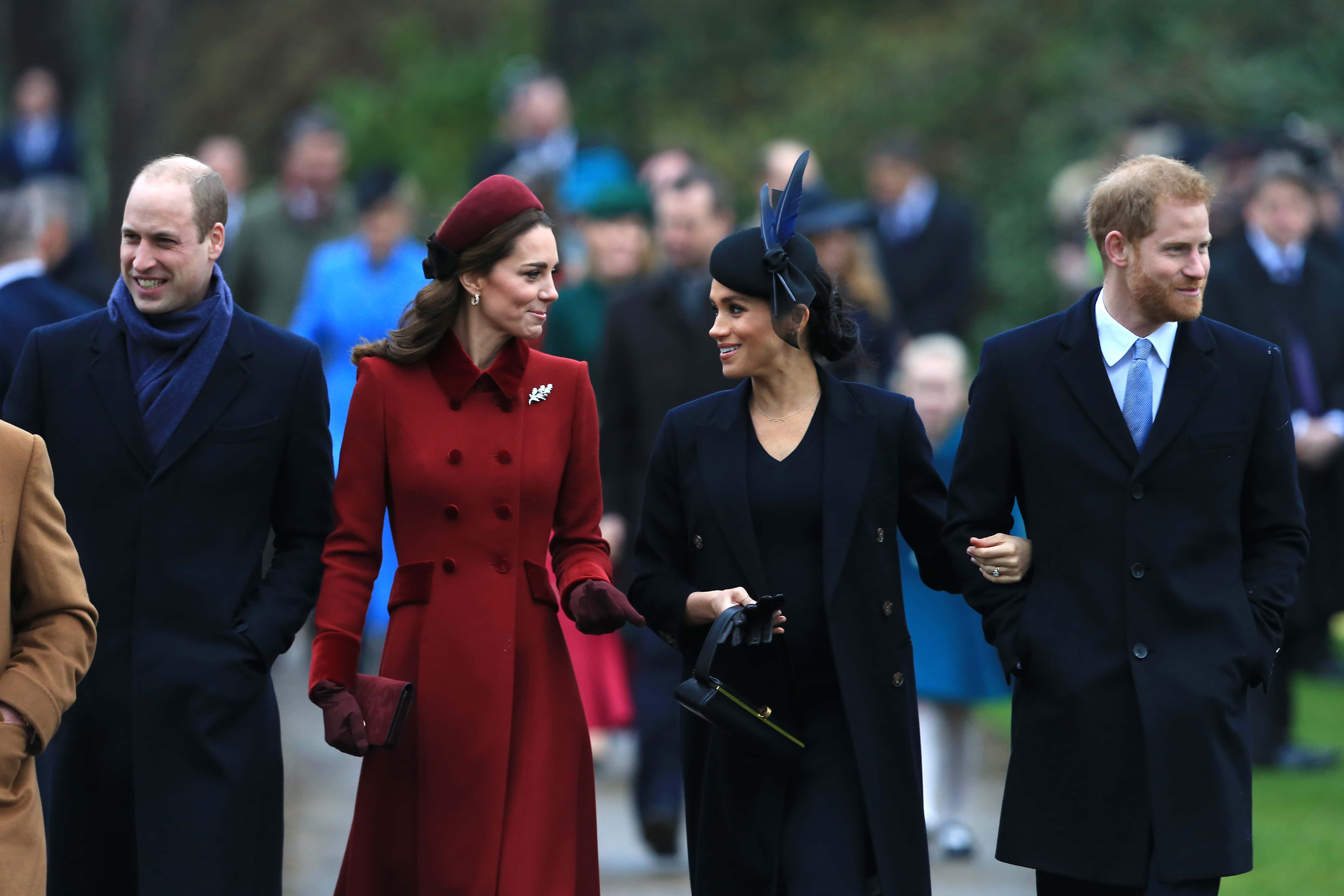 (L-R) Prince William, Duke of Cambridge, Catherine, Duchess of Cambridge, Meghan, Duchess of Sussex and Prince Harry, Duke of Sussex arrive to attend Christmas Day Church service at Church of St Mary Magdalene on the Sandringham estate on December 25, 2018 in King's Lynn, England.