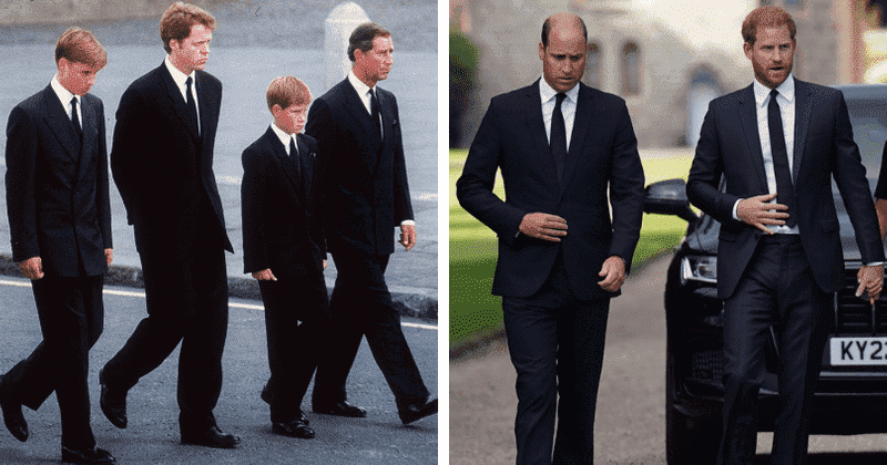 Harry and William memorably followed their mother Diana's coffin at the ages of just 12 and 15 for her funeral in 1997 (left); during their surprise appearance at Balmoral the warring brothers showed no signs of affection (Getty Images)