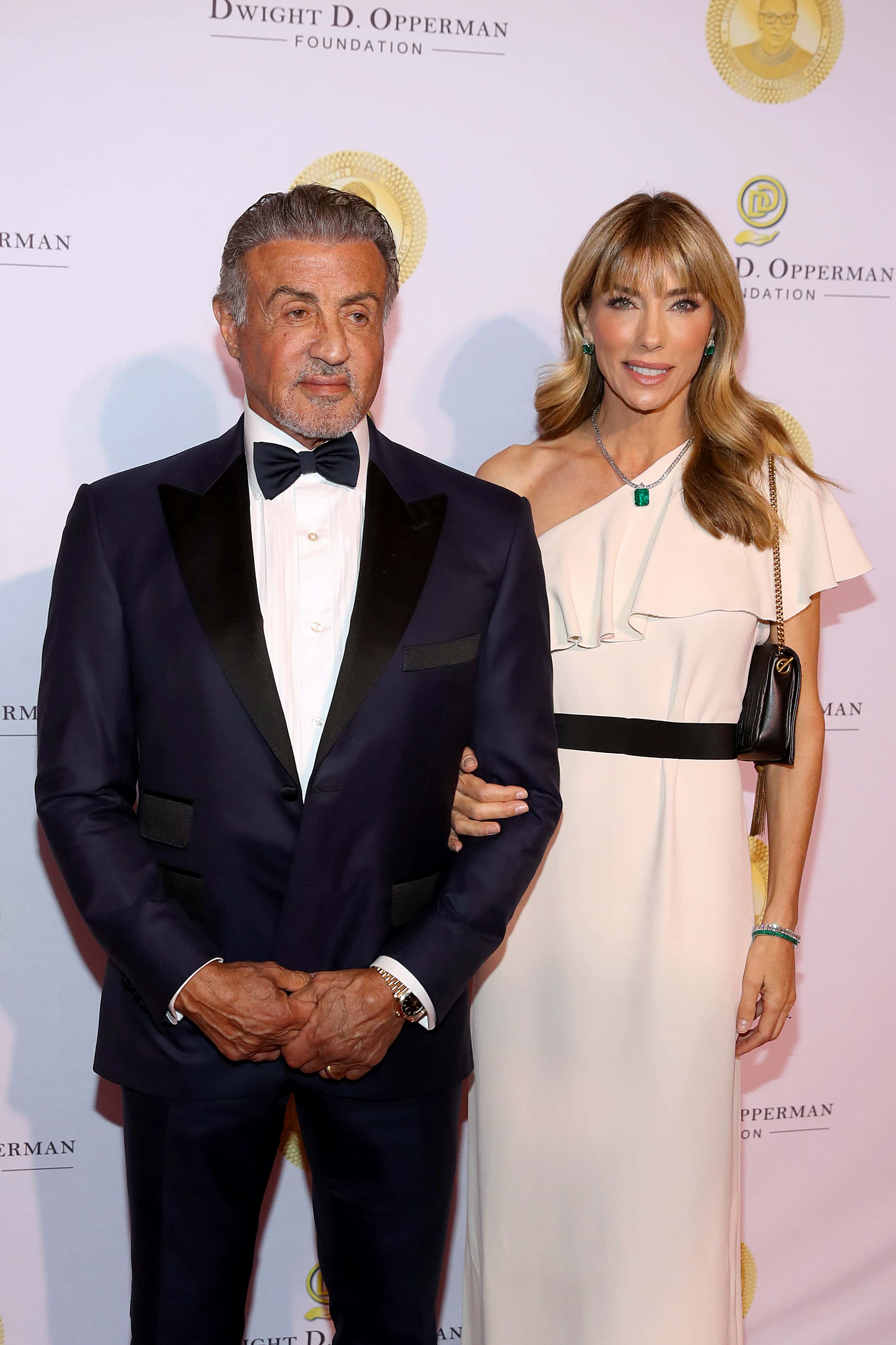 Sylvester Stallone (L) and Jennifer Flavin Stallone at the Justice Ruth Bader Ginsburg Woman of Leadership Award on March 11, 2022 in Washington, DC honoring Diane von Furstenberg. (Photo by Tasos Katopodis/Getty Images for The Dwight D. Opperman Foundation)
