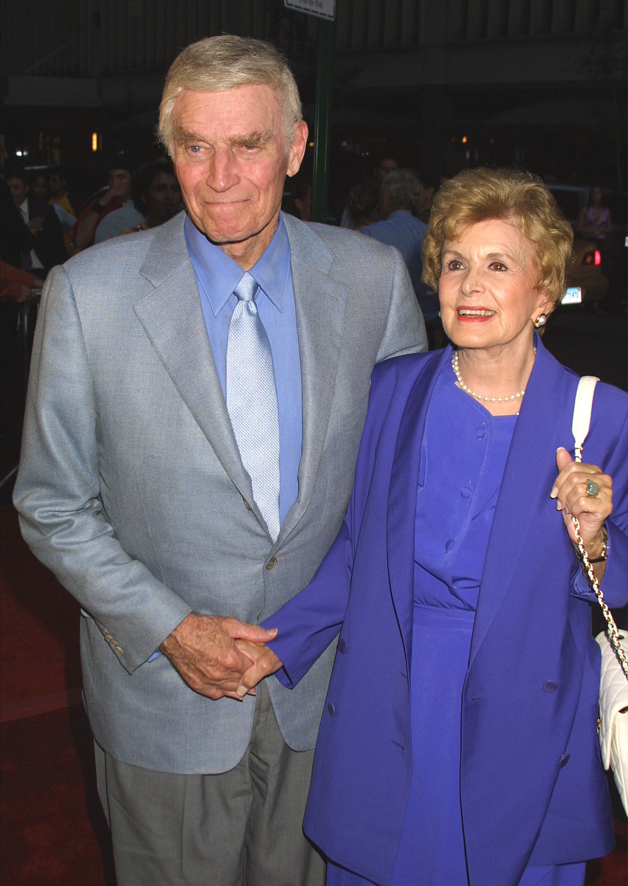 Actor Charlton Heston and his wife Lydia Clarke Heston attend the world premiere of 'Planet of the Apes' July 23, 2001 at the Ziegfeld Theatre in New York City.