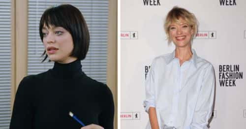 Heike Makatsch as Mia in 'Love Actually' (L), and Heike Makatsch attends the Berlin Fashion Week Opening & Firesidechat at Borchardt Restaurant on September 5, 2022 in Berlin, Germany. (Photo by Gerald Matzka/Getty Images for Fashion Council Germany e. V.)