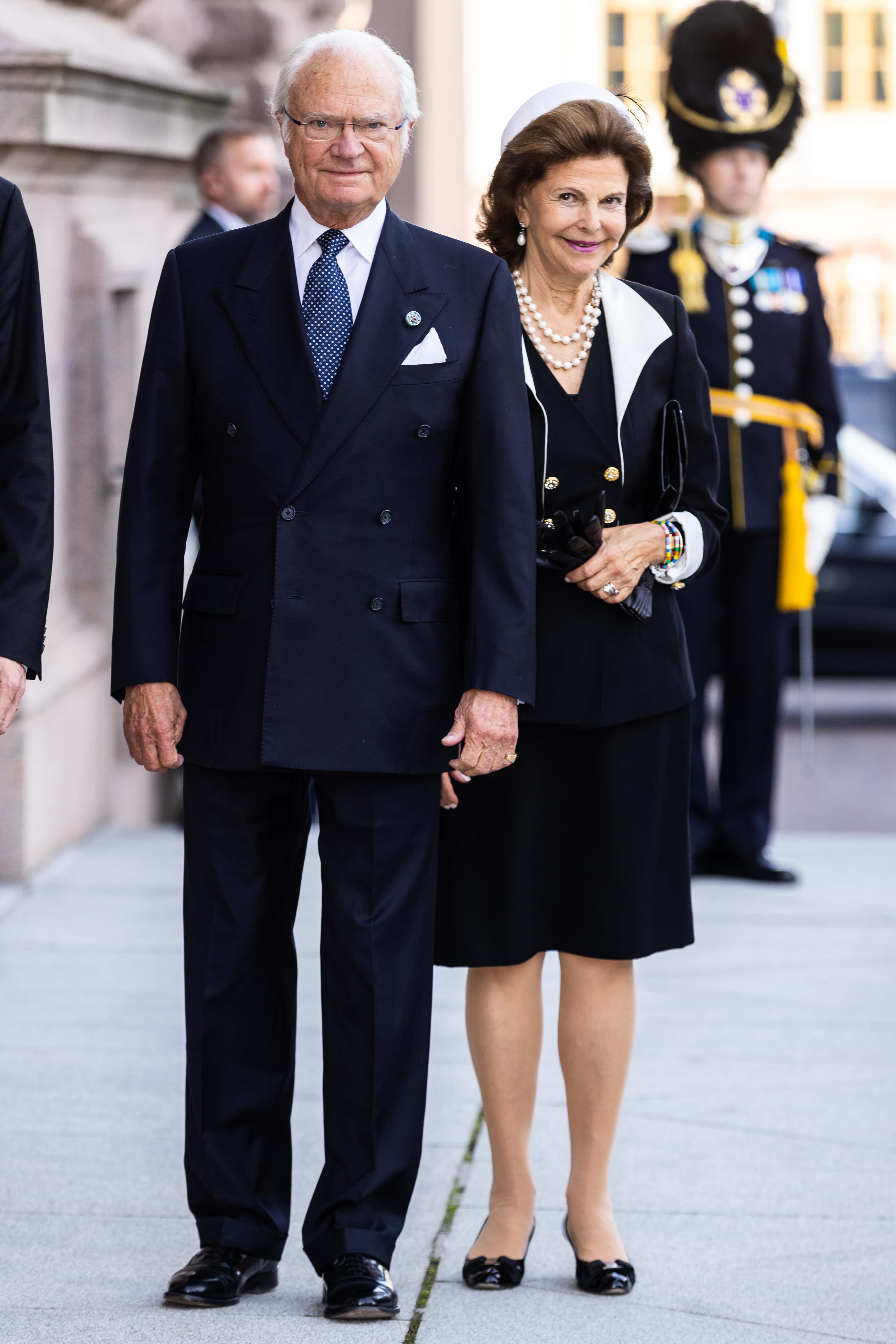 King Carl XVI Gustaf of Sweden and Queen Silvia of Sweden attend a ceremony in connection with the opening of the Swedish Parliament for the 2021/22 work year at the Swedish Parliament House on September 14, 2021 in Stockholm, Sweden.