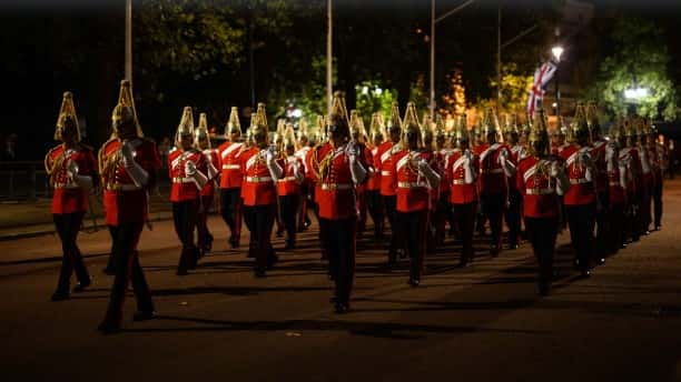 Guardsmen march from Buckingham Palace to the Palace of Westminster during an early morning rehearsal of funeral procession, on September 13, 2022 in London, England (Leon Neal/Getty Images)