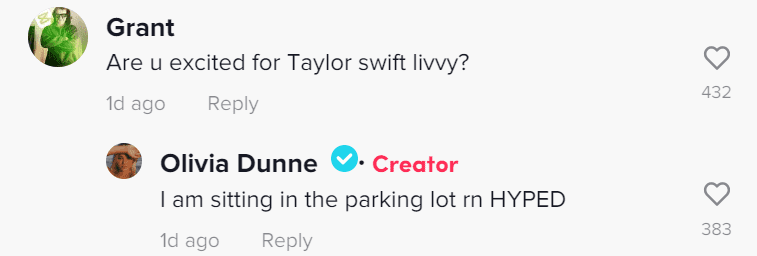 A TikTok user named Grant asked Dunne if she was excited about the concert, and to this she stated she was hyped (@livvy/TikTok)