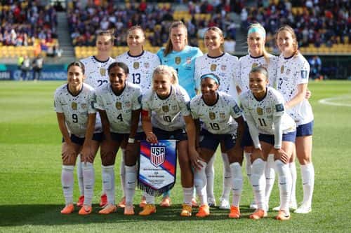 Players of USA pose for a team photo prior to the FIFA Women's World Cup Australia & New Zealand 2023 Group E match between USA and Netherlands at Wellington Regional Stadium on July 27, 2023 in Wellington, New Zealand.
