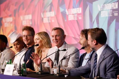 Janelle Monáe, Edward Norton, Kate Hudson, Daniel Craig and Ram Bergman attend the “Glass Onion: A Knives Out Mystery” Press Conference during the 66th BFI London Film Festival at The May Fair Hotel on October 16, 2022 in London, England.
