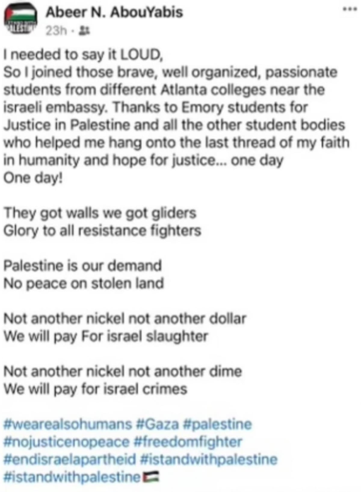 Abeer N. AbouYabis' anti-Israel Facebook post (@StopAntisemites/X)