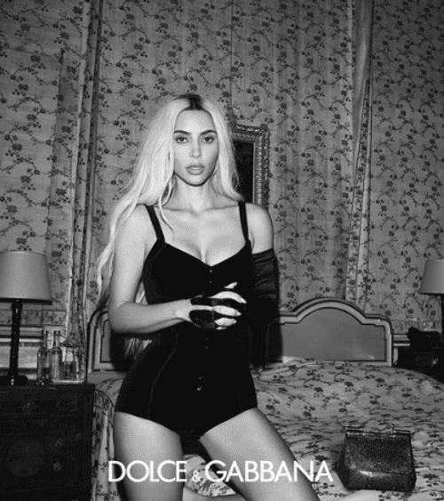 Kim Kardashian shows off her platinum hair in the black-and-white campaign (Instagram/@Dolce&Gabbana).