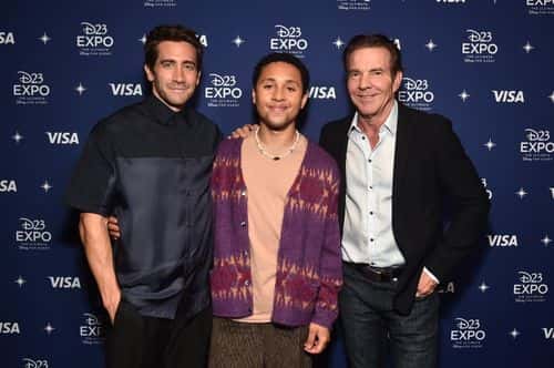 (L-R) Jake Gyllenhaal, Jaboukie Young-White, and Dennis Quaid attend D23 Expo 2022 at Anaheim Convention Center in Anaheim, California on September 09, 2022.