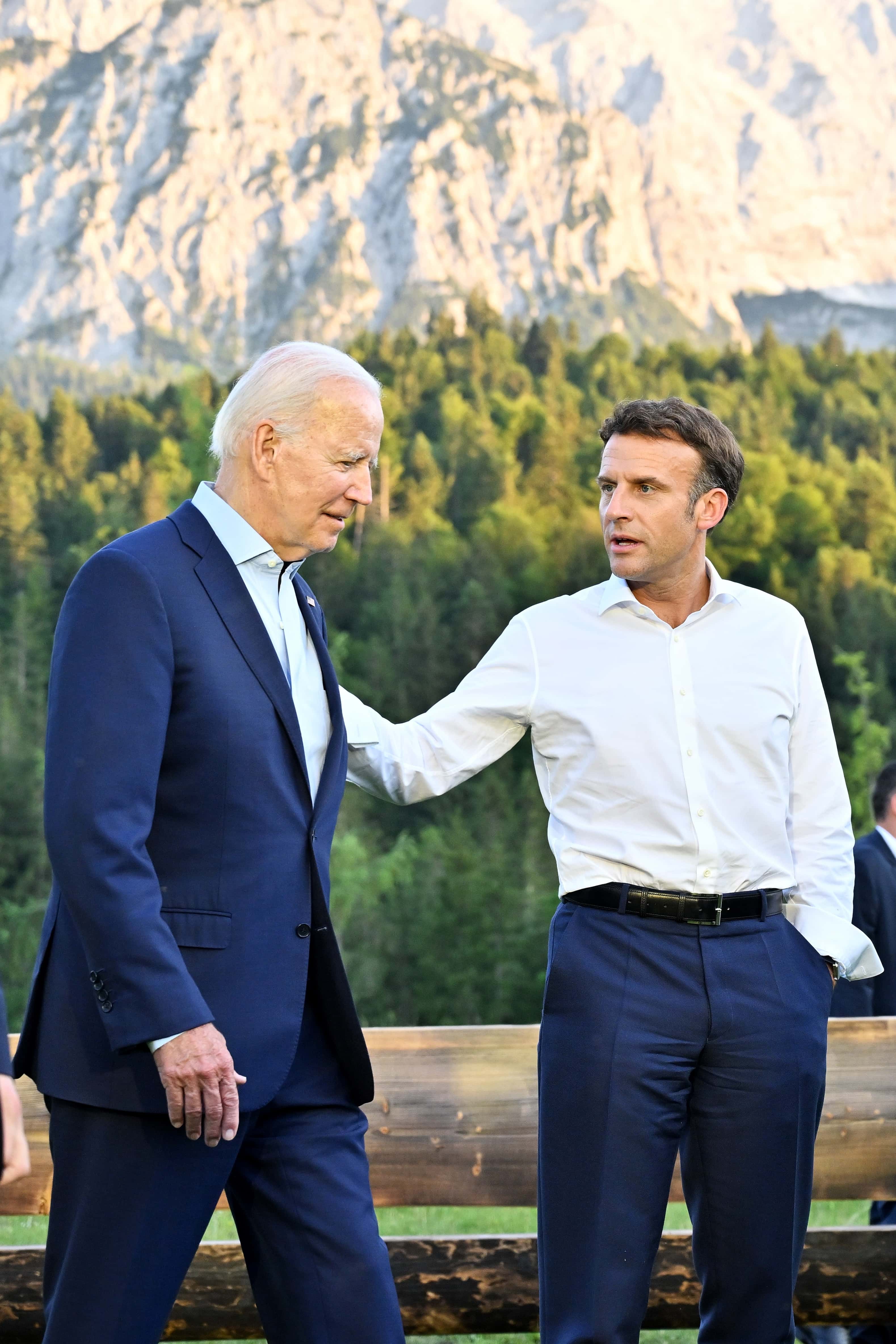 GARMISCH-PARTENKIRCHEN, GERMANY - JUNE 26: (L-R) US President Joe Biden and France's President Emmanuel Macron prepare to take part in a group photo on the first day of the three-day G7 summit at Schloss Elmau on June 26, 2022 near Garmisch-Partenkirchen, Germany. Leaders of the G7 group of nations are officially coming together under the motto: 