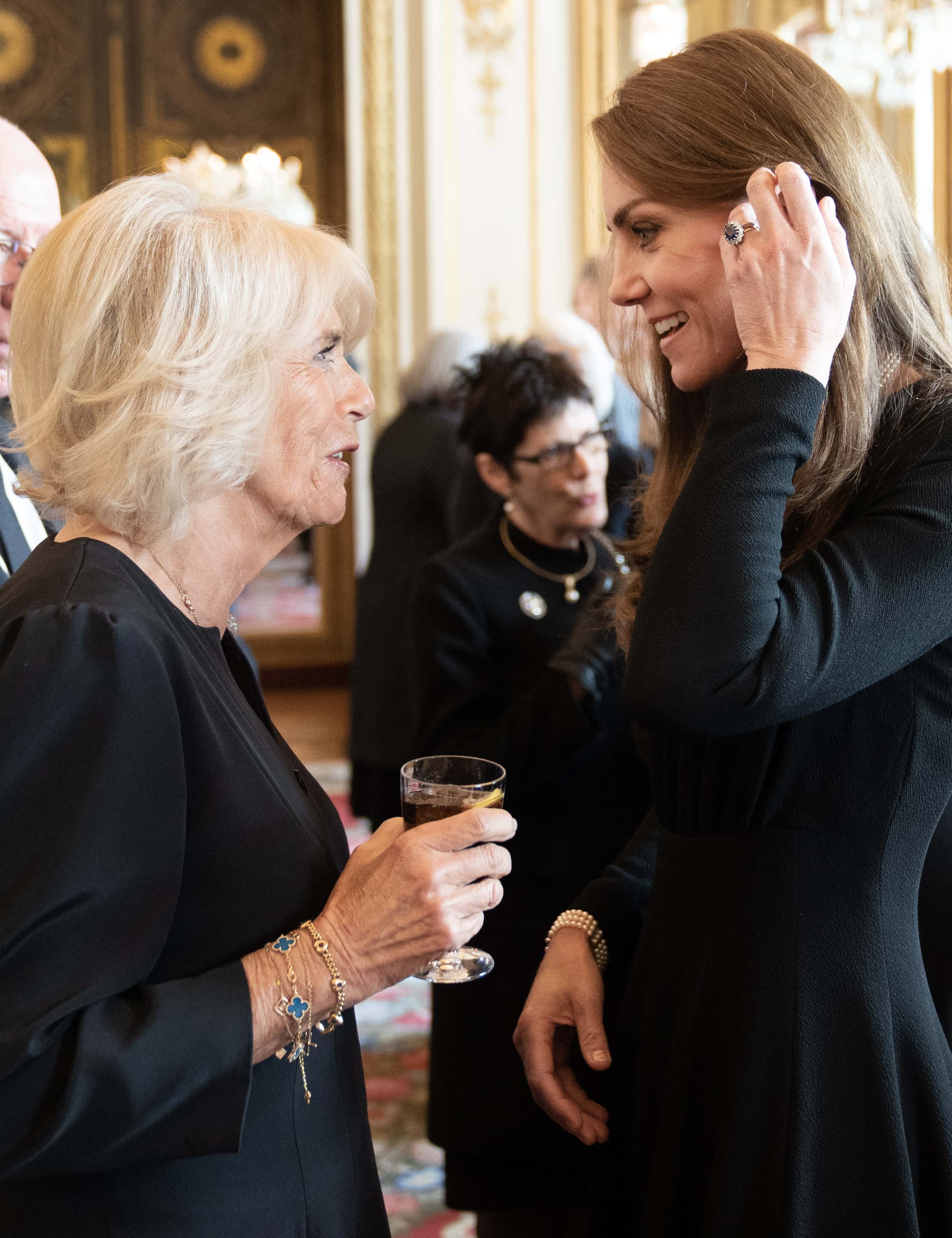 Camilla, Queen Consort and Catherine, Princess of Wales during a lunch held for governors-general of the Commonwealth nations at Buckingham Palace on September 17, 2022 in London, England. Foreign dignitaries, heads of state and other VIPs are among the thousands who have visited Westminster Hall to view Queen Elizabeth II lying in state prior to her funeral on Monday. The 96-year-old monarch died at Balmoral Castle in Scotland on September 8, 2022, and is succeeded by her eldest son, King Charles III.