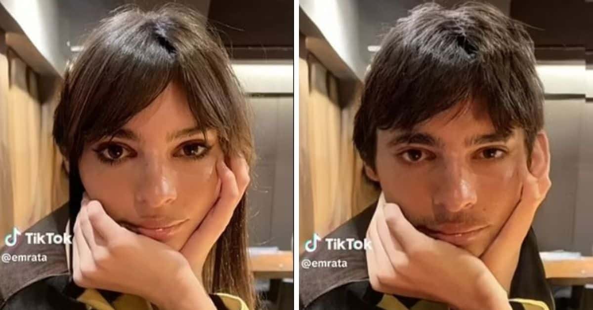 Transformation: Emily's signature brunette tresses became cropped, her smokey eye disappeared and she gained a shadow of stubble (TikTok/@emrata)