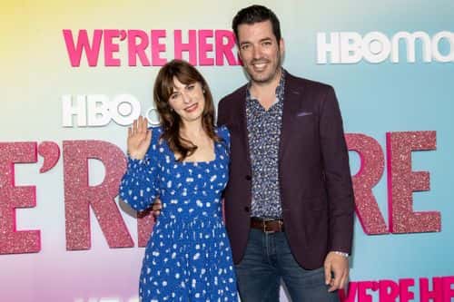 Zooey Deschanel and Jonathan Scott attend the Los Angeles premiere of Season 2 of HBO's unscripted series 'WE'RE HERE' at Sony Pictures Studios on October 08, 2021 in Culver City, California.