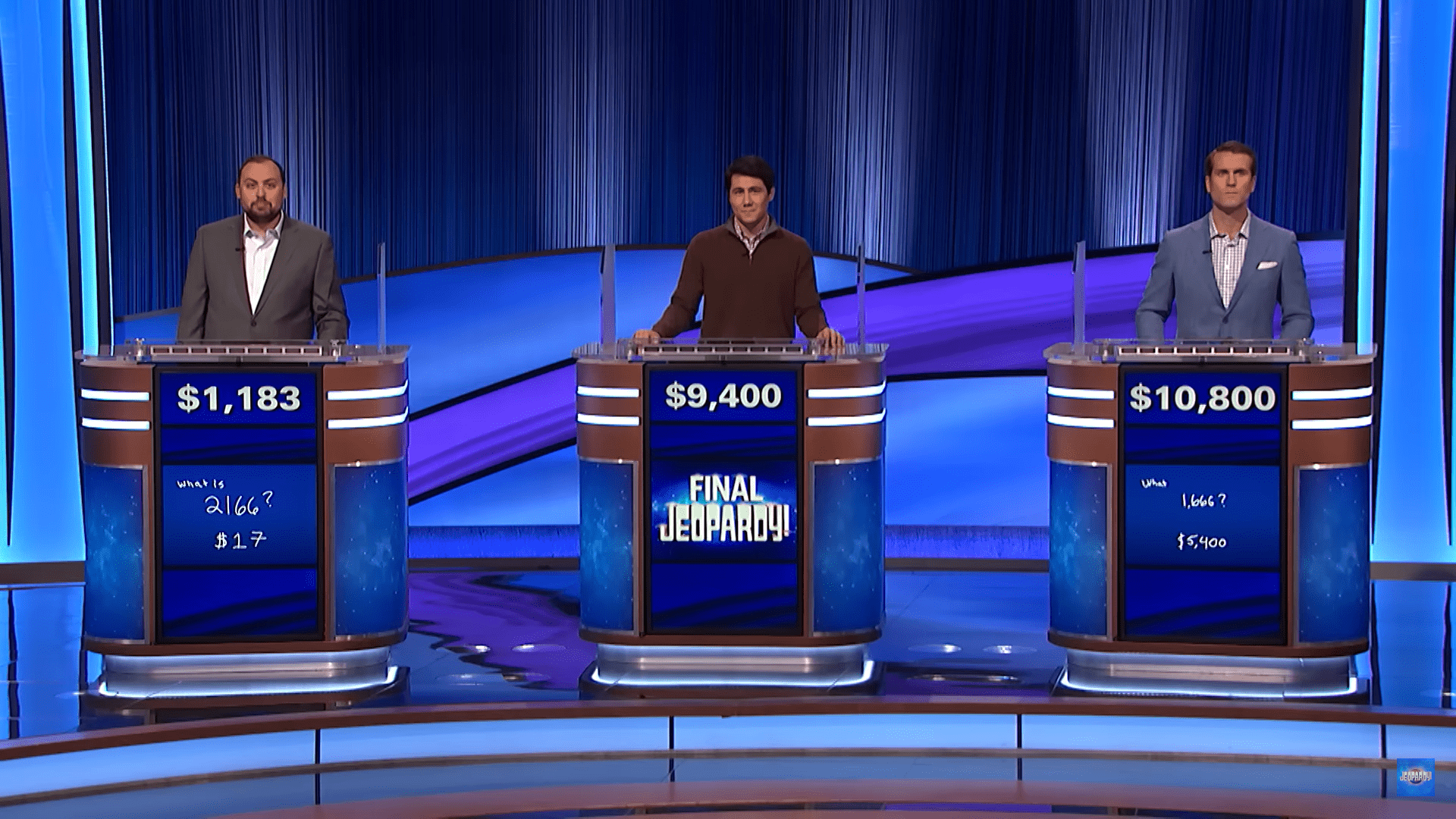 Contestants for the Friday episode during Final Jeopardy (Jeopardy!/YouTube)