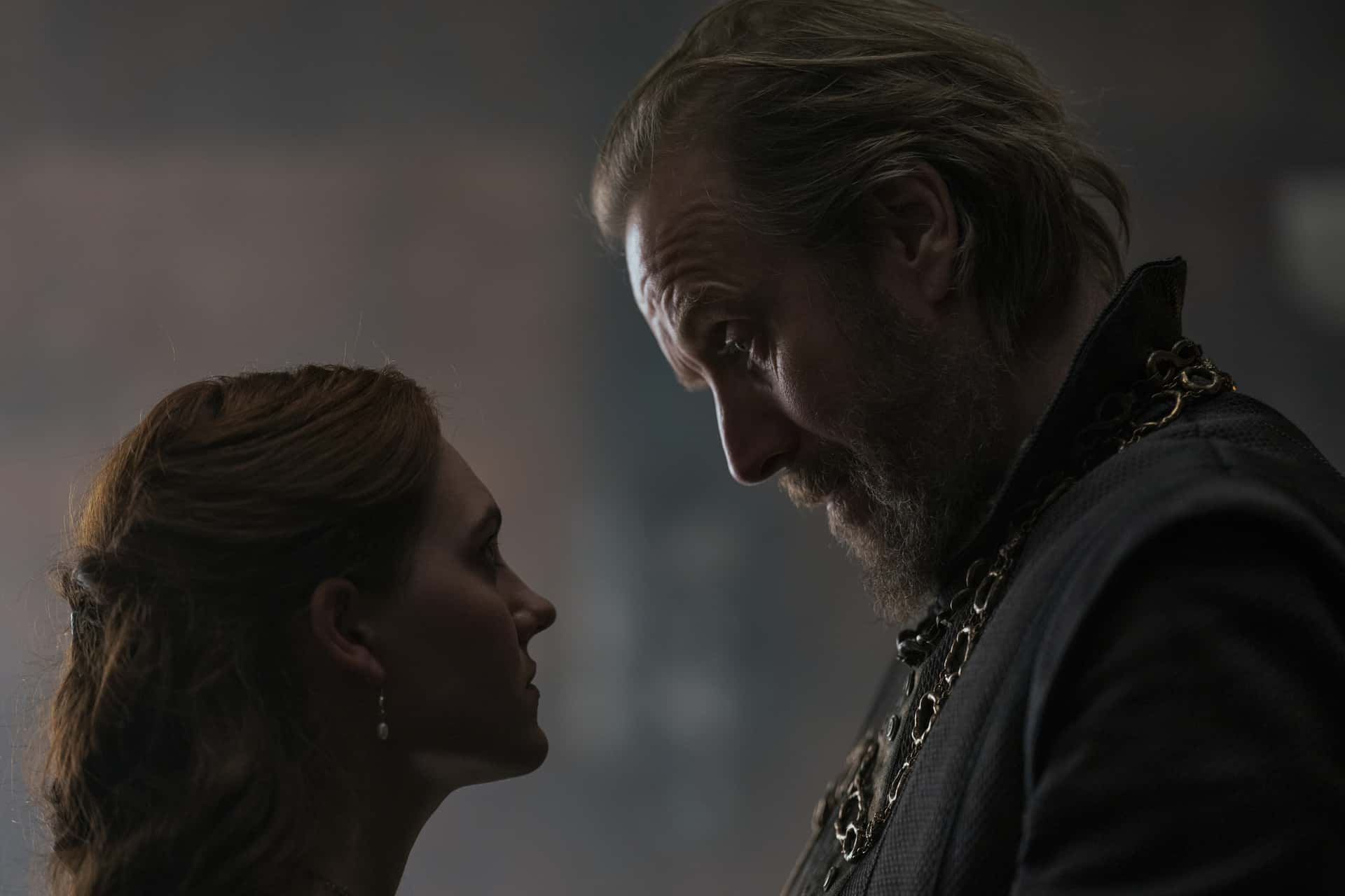 Emily Carey (Alicent Hightower) and Rhys Ifans (Ser Otto Hightower) in 'House of the Dragon' (HBO)