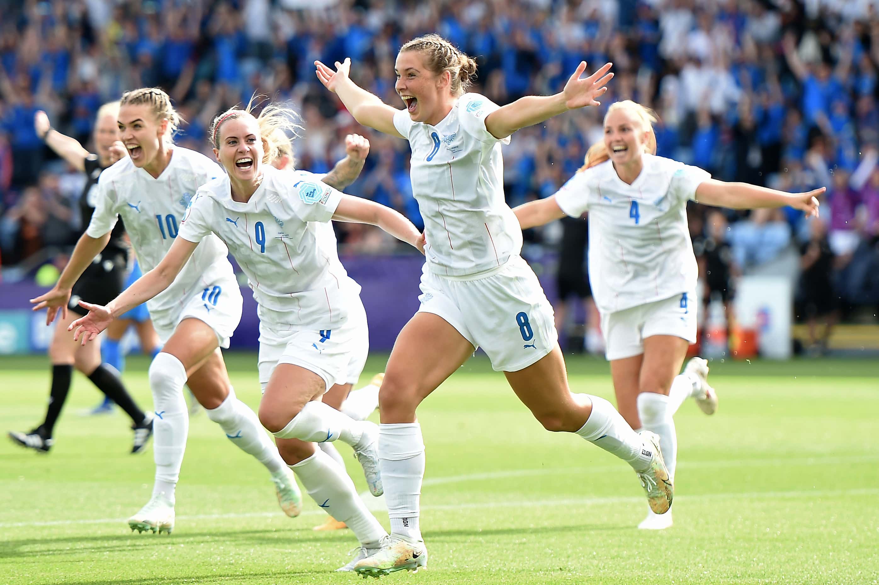 Karolina Lea Vilhjalmsdottir of Iceland celebrates after scoring her team's first goal during the UEFA Women's Euro England 2022 group D match between Italy and Iceland at Manchester City Academy Stadium on July 14, 2022 in Manchester, England.