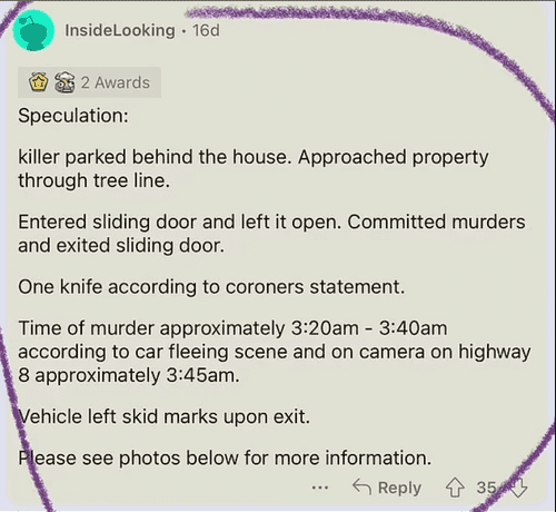 Bryan Kohberger's alleged alias 'InsideLooking' making posts on Reddit. (Reddit/MoscowMurders)