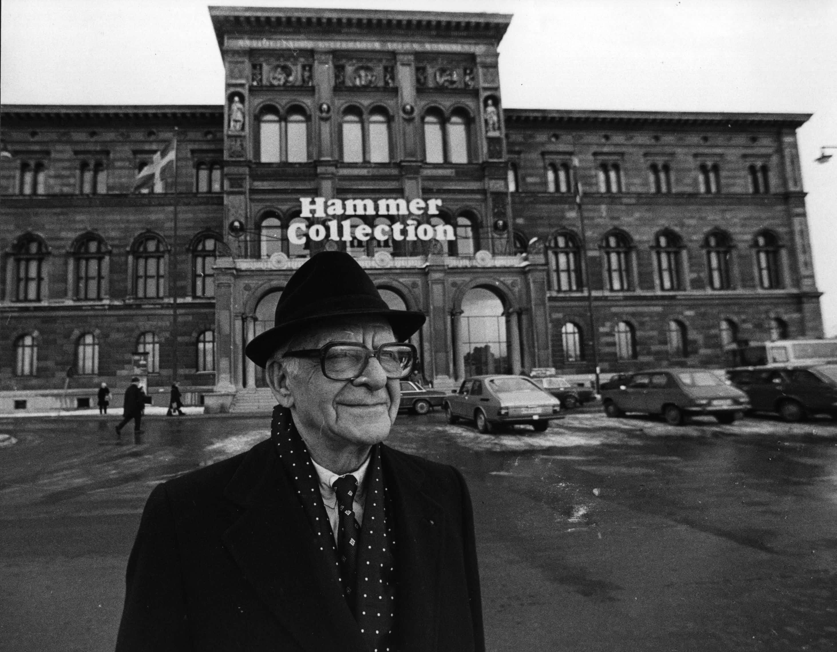 Armand Hammer (1898 - 1990) American business executive and president of Occidental Petroleum, outside an art gallery in Stockholm which is exhibiting part of  the Hammer Collection.