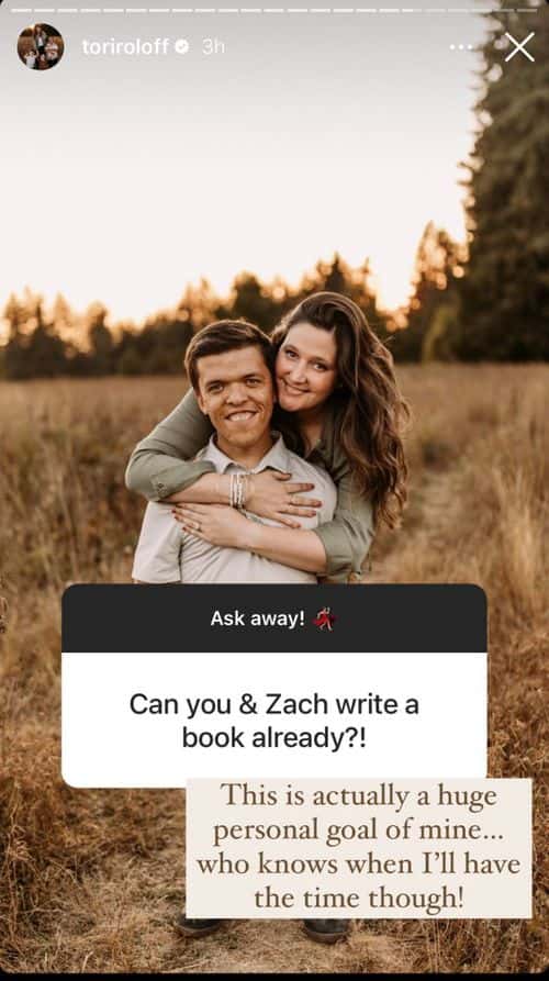 Tory Roloff revealed she intends to write a book with husband Zach Roloff (@toriroloff/Instagram)