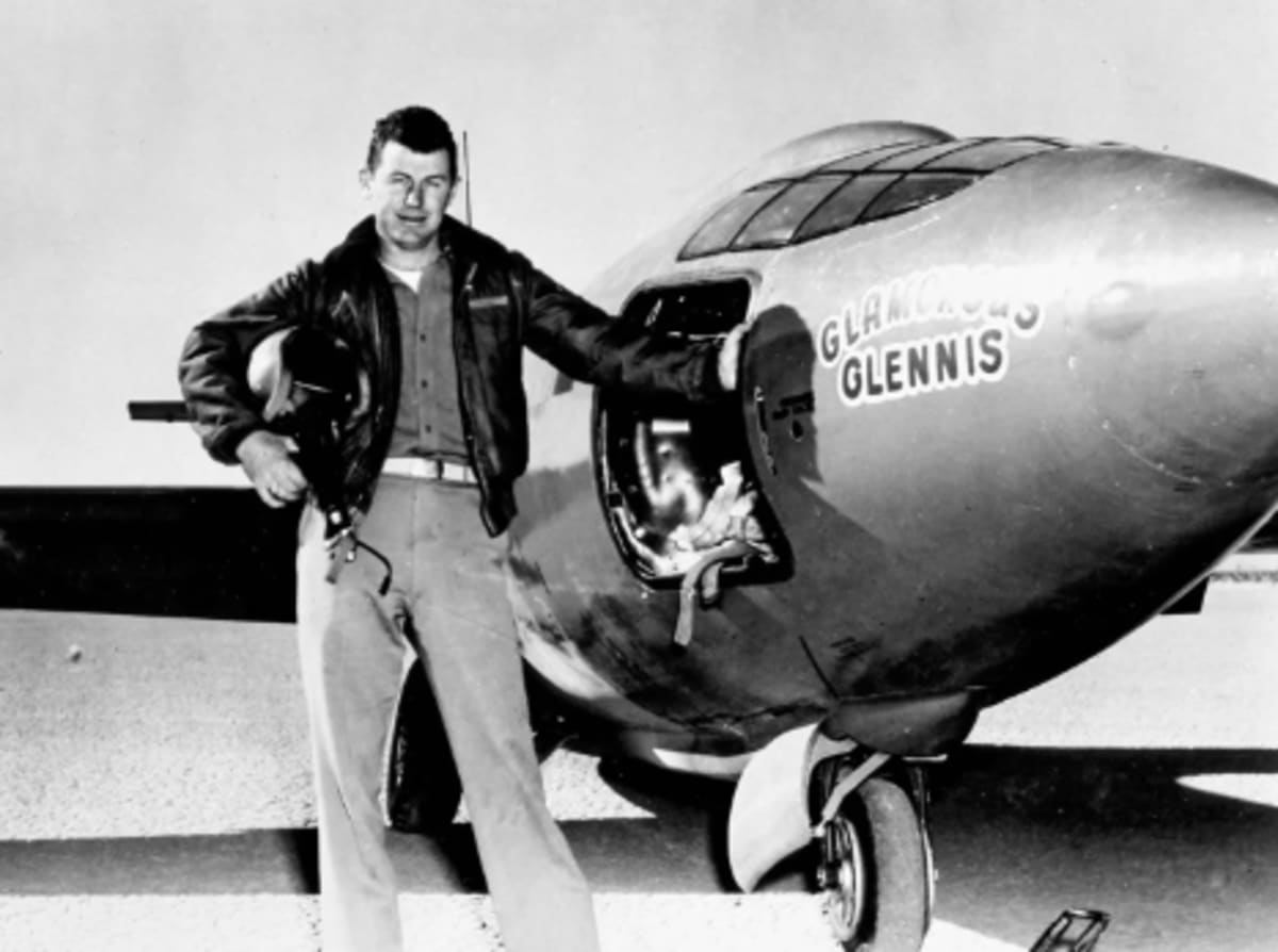 Chuck Yeager posing with the Bell X-1 aircraft (nicknamed “Glamorous Glennis” in reference to his wife) on the day he became the first person to fly faster than the speed of sound, October 14, 1947 (U.S. Air Force)