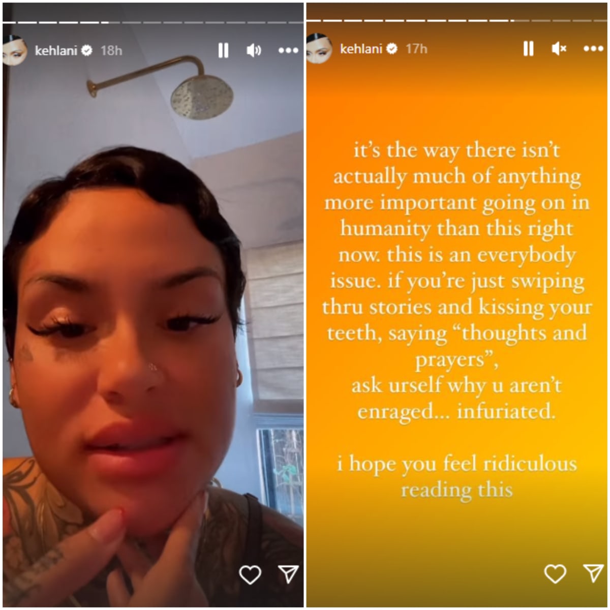 Kehlani's stories on Instagram showing solidarity with Palestine and calling out celebrities who have stayed silent on the issue (kehlani/Instagram)