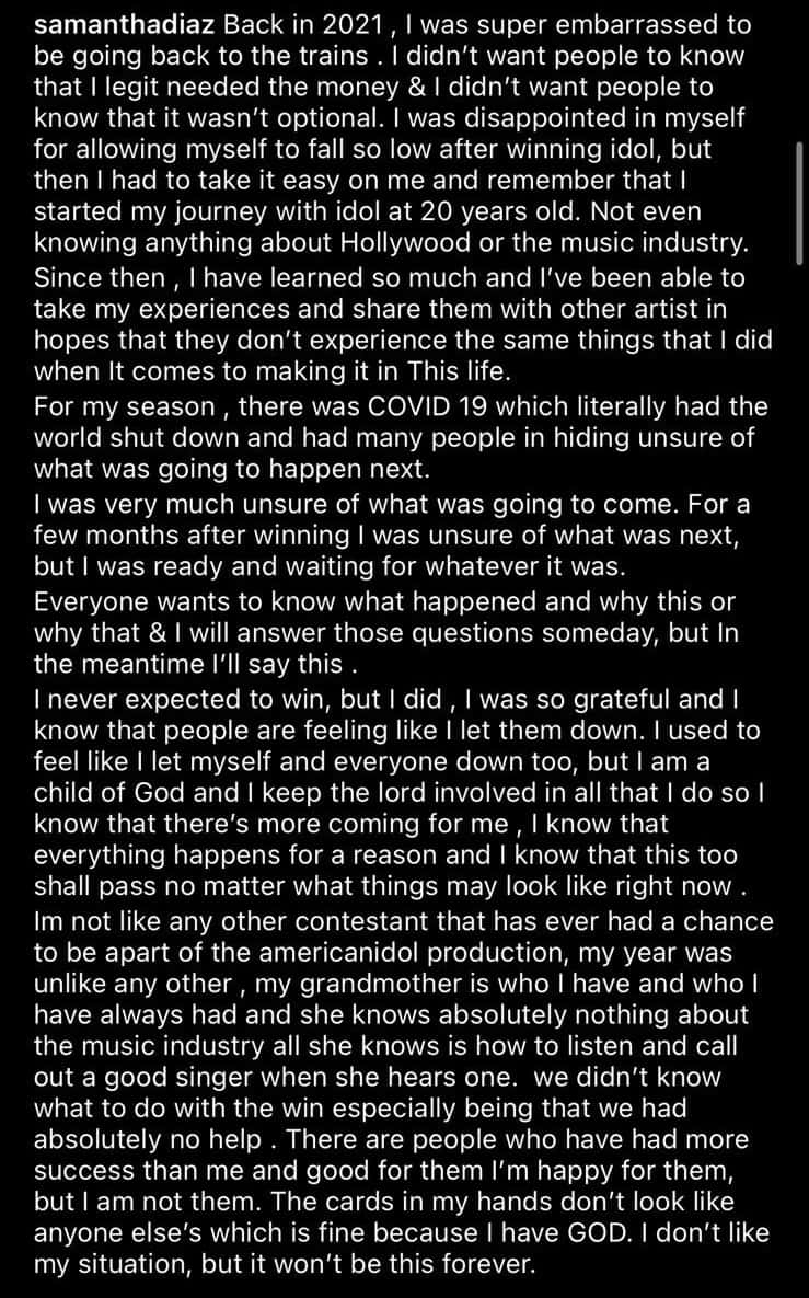 'American Idol' Season 18 winner Samantha Diaz shared her financial struggles (Instagram/samanthadiaz)