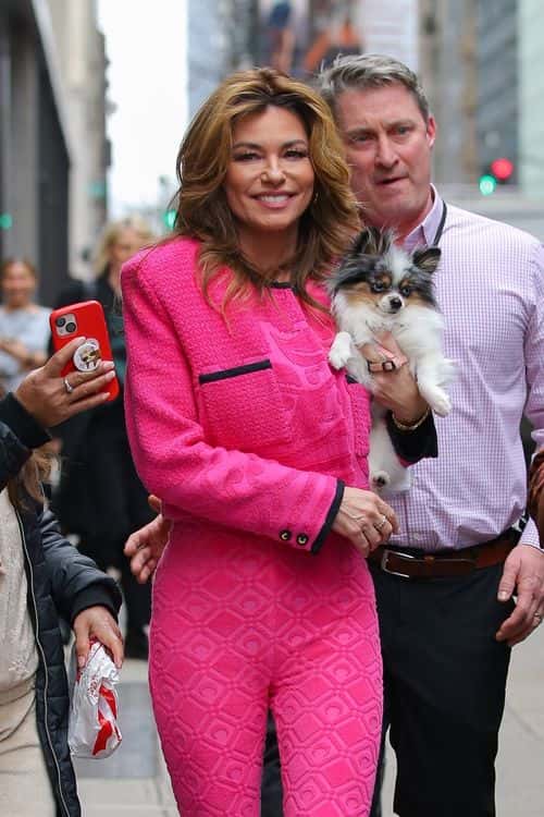 Shania was spotted strolling the NYC sidewalk in a ravishing pink co-ord ensemble, accompanied by her adored long-haired Chihuahua puppy. (Backgrid)