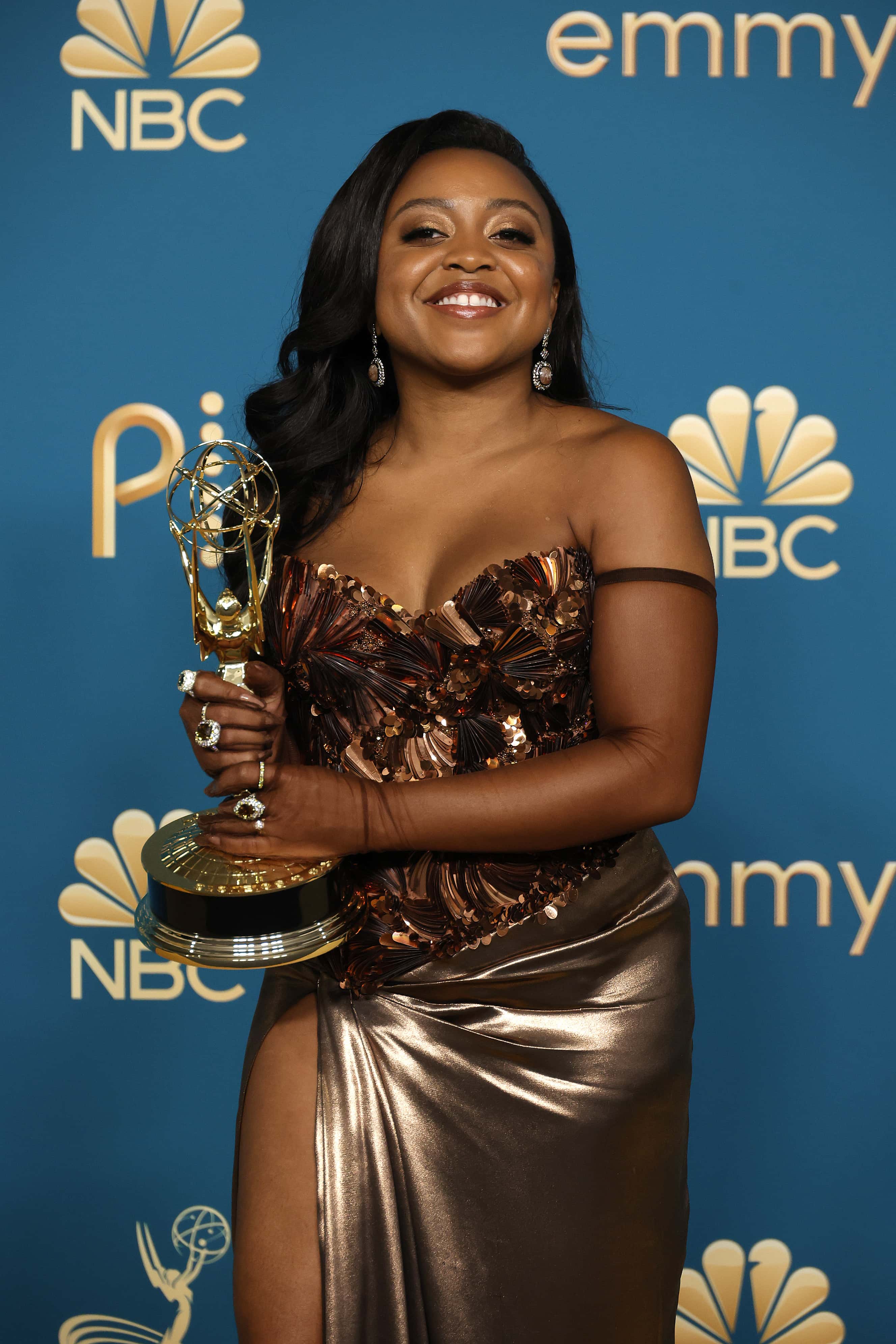Quinta Brunson, winner of Outstanding Writing for a Comedy Series for “Abbott Elementary, poses in the press room during the 74th Primetime Emmys at Microsoft Theater on September 12, 2022 in Los Angeles, California.