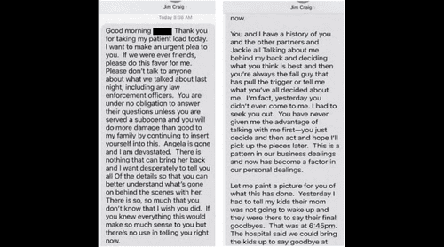 James Craig's frustrated texts to his business partner after his wife death, to cover his alleged crime (Aurora PD)