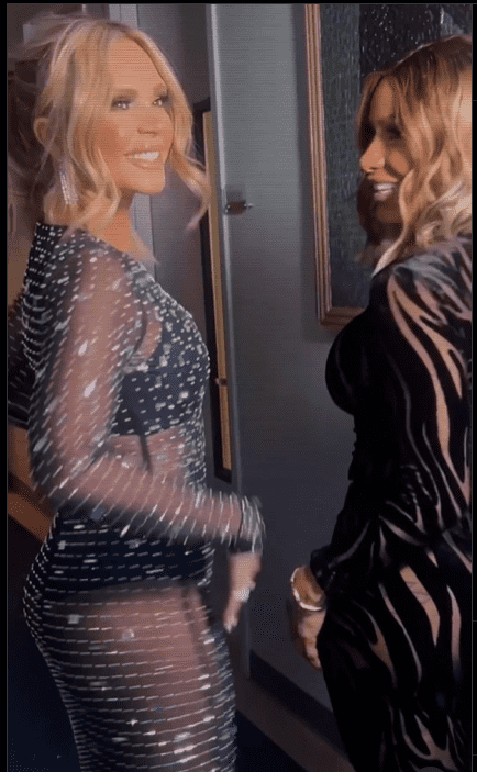 Tamra Judge wears a sparkly sheer dress alongside Sheree Whitfield's striped bodycon dress (Instagram/@tamrajudge)