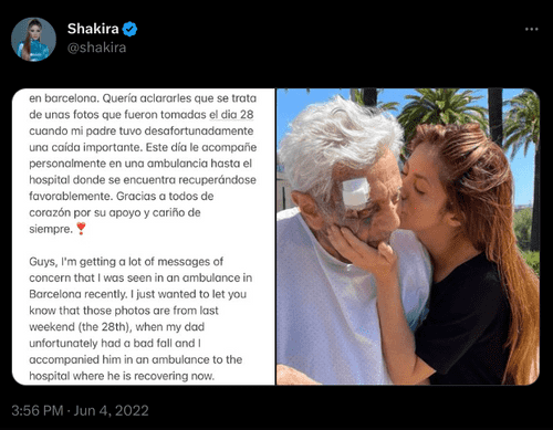 Shakira shares a tweet about her father m Mebarak, 91, on June 4, 2022 after the latter suffers a serious injury to the head in an accidental fall. (Twitter/@shakira)