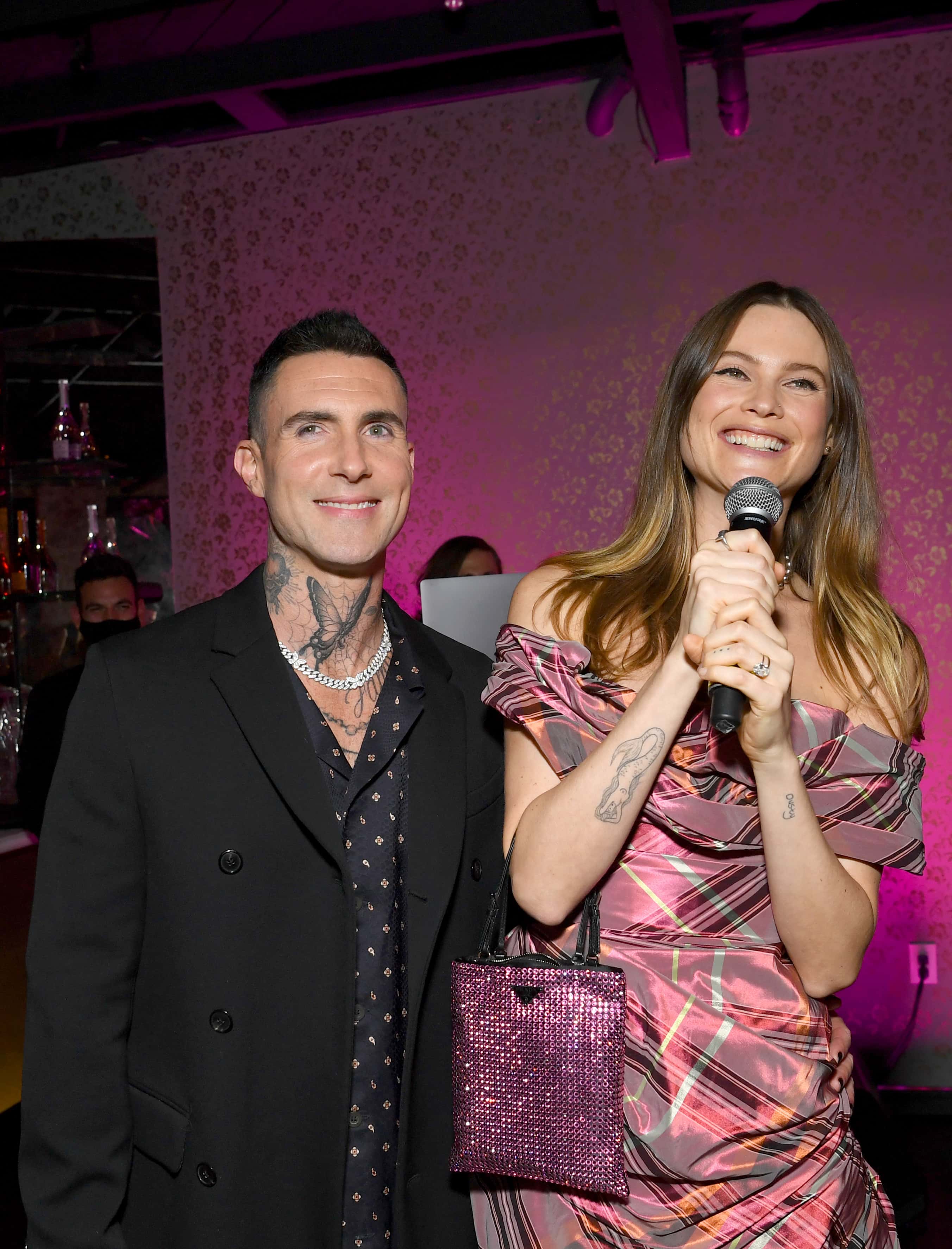 Co-founders, Adam Levine and Behati Prinsloo, host CALIROSA Tequila’s launch party at Ysabel in Los Angeles on November 18, 2021 in West Hollywood, California. CALIROSA is poised to redefine the spirits category with its unparalleled craftsmanship, uniquely smooth taste, and the blending of two time-honored beverage making processes - Jalisco's tequila craftsmanship and California winemaking - resulting in an award-winning line of red-wine barrel aged tequilas.