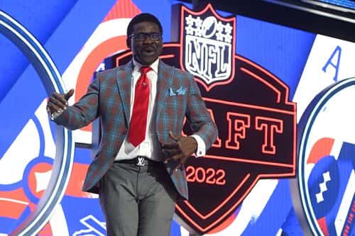 Hall of Famer Michael Irvin dances onstage during round one of the 2022 NFL Draft on April 28, 2022 in Las Vegas, Nevada.