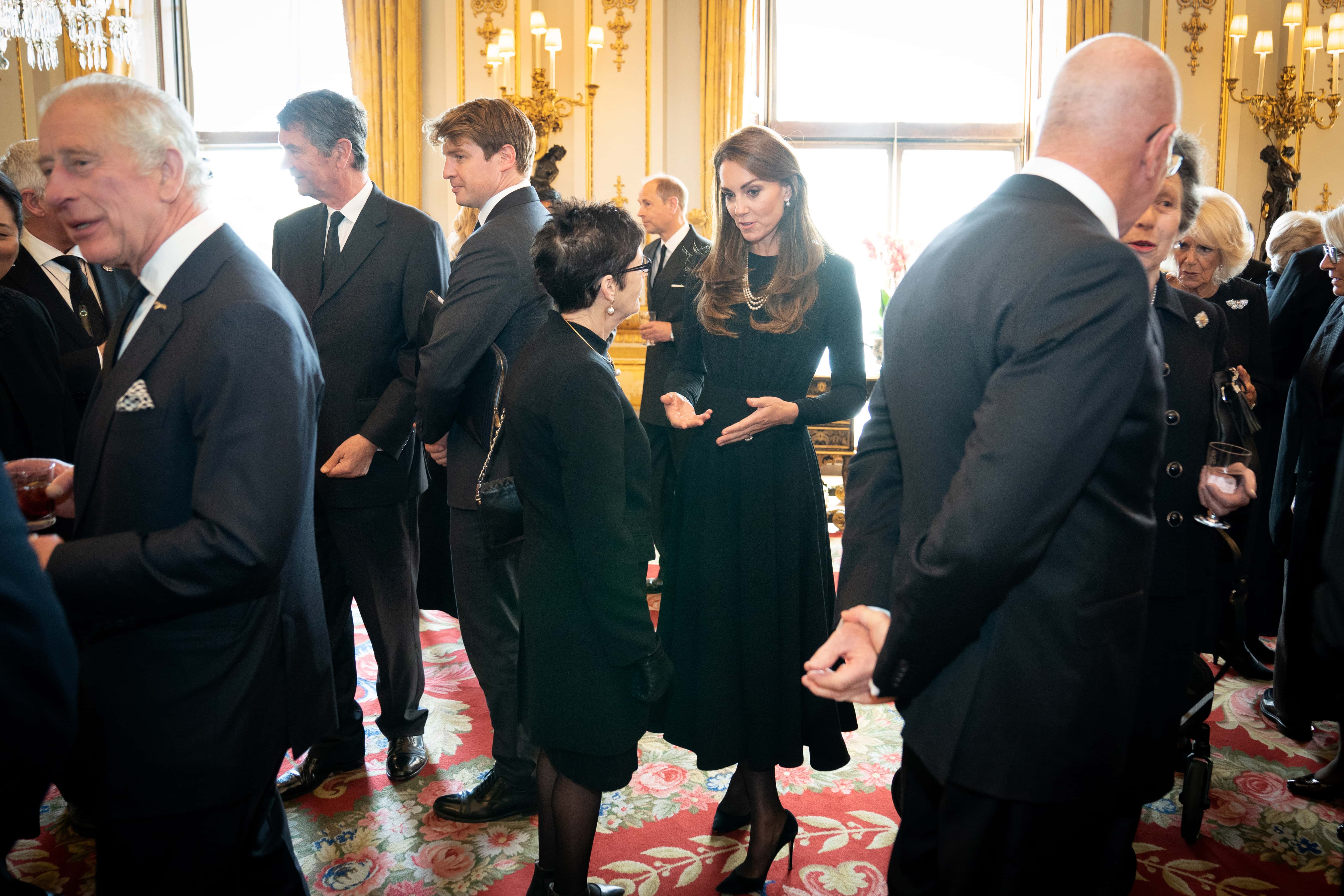 Britain's King Charles III and Catherine, Princess of Wales during a lunch held for governors-general of the Commonwealth nations at Buckingham Palace on September 17, 2022 in London, England. Foreign dignitaries, heads of state and other VIPs are among the thousands who have visited Westminster Hall to view Queen Elizabeth II lying in state prior to her funeral on Monday. The 96-year-old monarch died at Balmoral Castle in Scotland on September 8, 2022, and is succeeded by her eldest son, King Charles III.