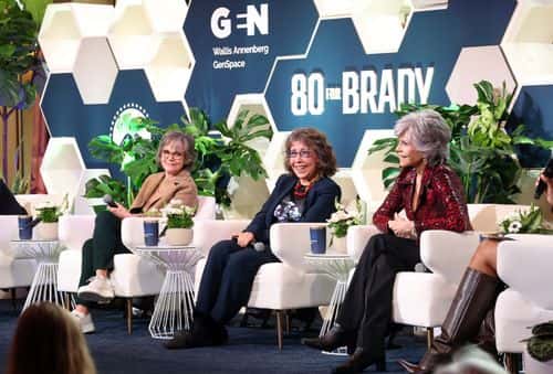 (L-R) Sally Field, Lily Tomlin, and Jane Fonda speak onstage during a Luncheon & Panel in support of Paramount Pictures’ “80 For Brady” at Wallis Annenberg GenSpace on January 30, 2023 in Los Angeles, California.