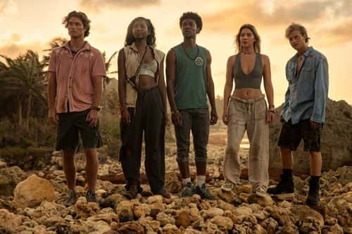 Chase Stokes, Carlacia Grant, Jonathan Daviss, Madelyn Cline, and Rudy Pankow in 'Outer Banks' Season 3 (Netflix)