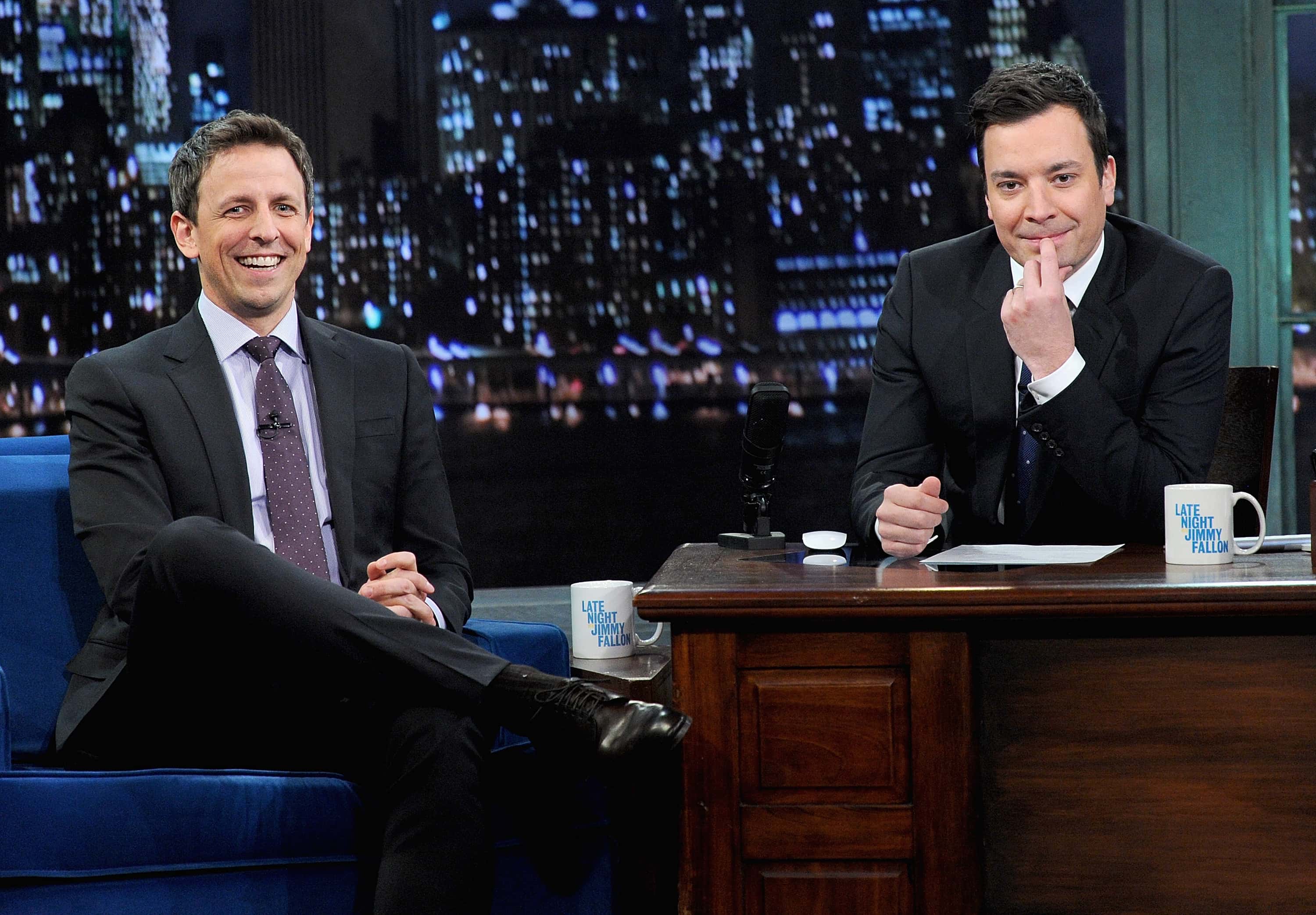 NEW YORK, NY - JANUARY 28:  Seth Meyers and host Jimmy Fallon visit 