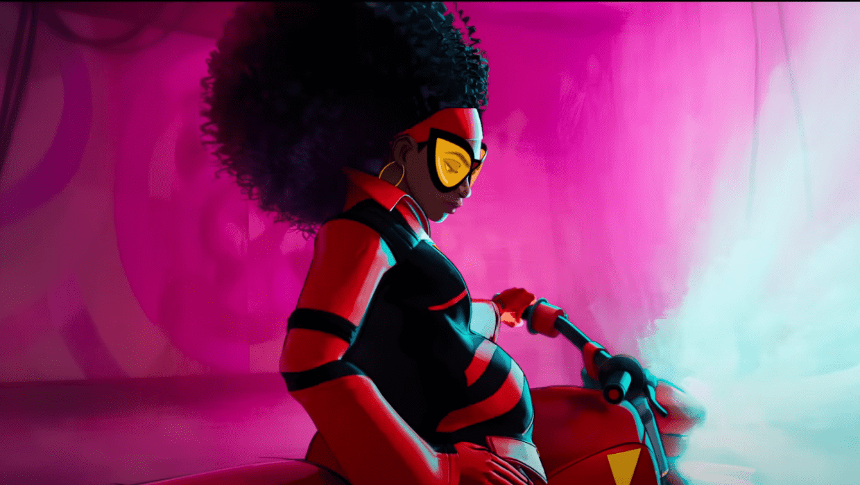 Spider-Woman rides her bike through different dimensions in 'Spider-Man: Across the Spider-Verse' (YouTube/Sony Pictures Entertainment) 