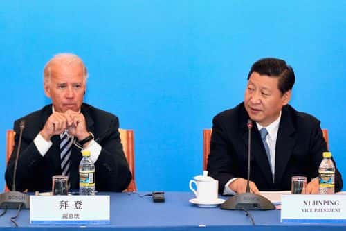 Chinese Vice President Xi Jinping (R) speaks during talks with U.S. Vice President Joe Biden and Chinese business leaders at Beijing Hotel on August 19, 2011 in Beijing, China. Public opinions bellieve that Biden's visit will take economic issues as the primary issues.