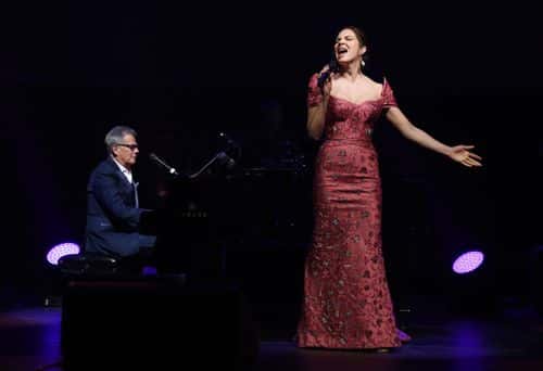 David Foster and Katharine McPhee perform onstage during the Hot Pink Party hosted by the Breast Cancer Research Foundation at Park Avenue Armory on May 15, 2019 in New York City.